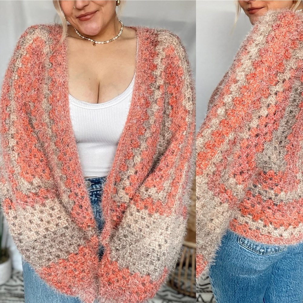 Crochet Granny Hexagon Cardigan - Fuzzy Peach